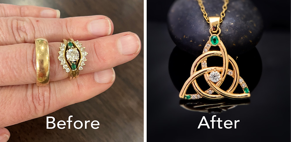 On the left is shown a "before" photo of a simple gold wedding band alongside a diamond engagement ring accented with emeralds and flanked by two accented diamond bands that form a ring jacket. On the right is the "after" photo of this jewelry redesign project, which showcases a stunning triquetra (trinity knot) pendant made from the gold of these rings and set with the same stones.